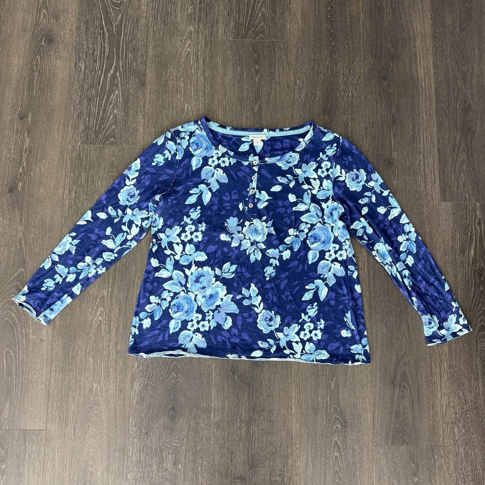 Sundance L‎ Blue Floral Henley Raw Hem Boxy Boho Cottagecore Slub Knit Top